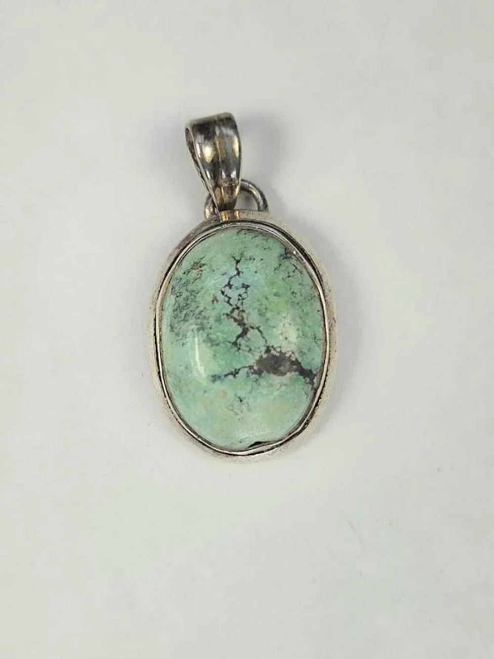 Vintage Sterling Silver Green Turquoise Oval Cabochon Pendant 1.25”